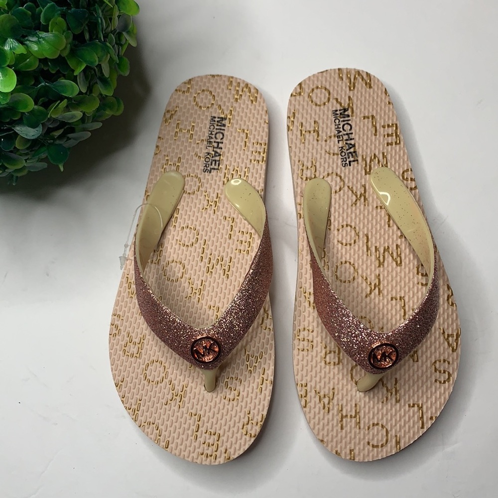 Michael Kors Blush Rose Gold Glitter Flip Flops
